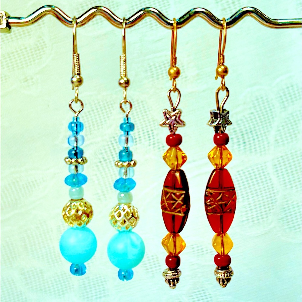 Earrings Pierced Handcrafted Unique Design Turquoise/Silver & Brown/Gold Beads